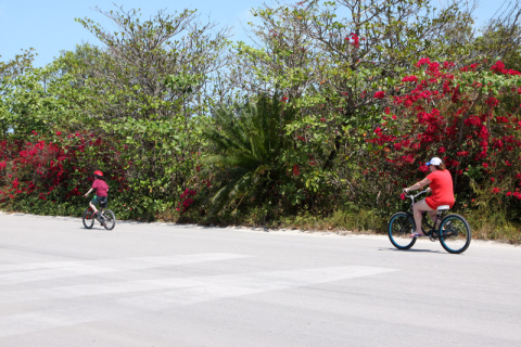 Pessoal que alugou bicicletas pedalando pela ilha da Disney