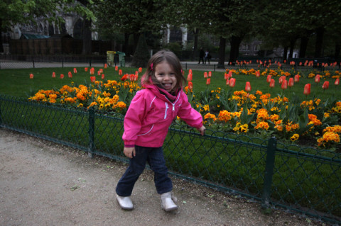 Julia com 3 anos e as tulipas no jardim da Notre Dame: primavera em Paris