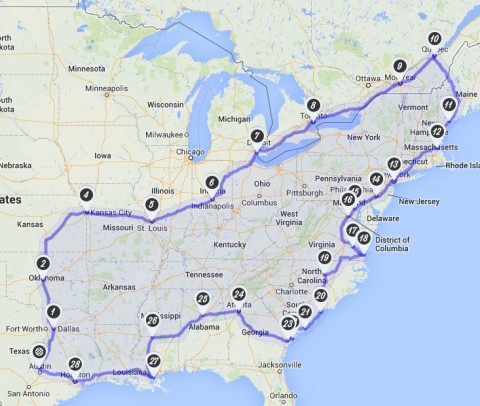 Mapa da nossa viagem de carro pelos EUA e Canadá