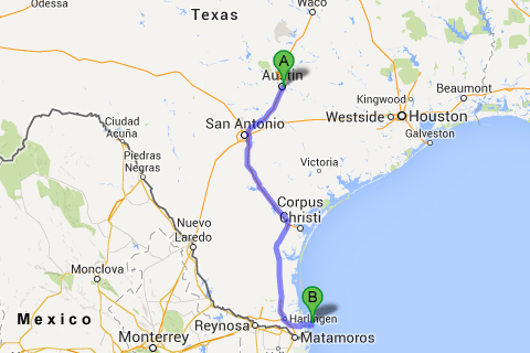 No mapa: de Austin a South Padre Island, quase na fronteira com o México
