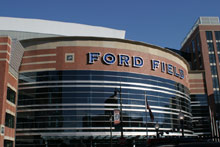 Entrada do Ford Field, o moderno estádio dos Detroit Lions