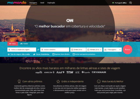 Home Page do Momondo.com.br, buscador de passagens aéreas