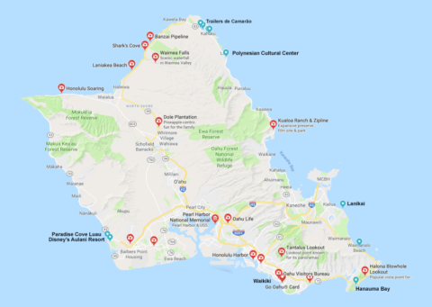 Mapa de Oahu com atrações principais